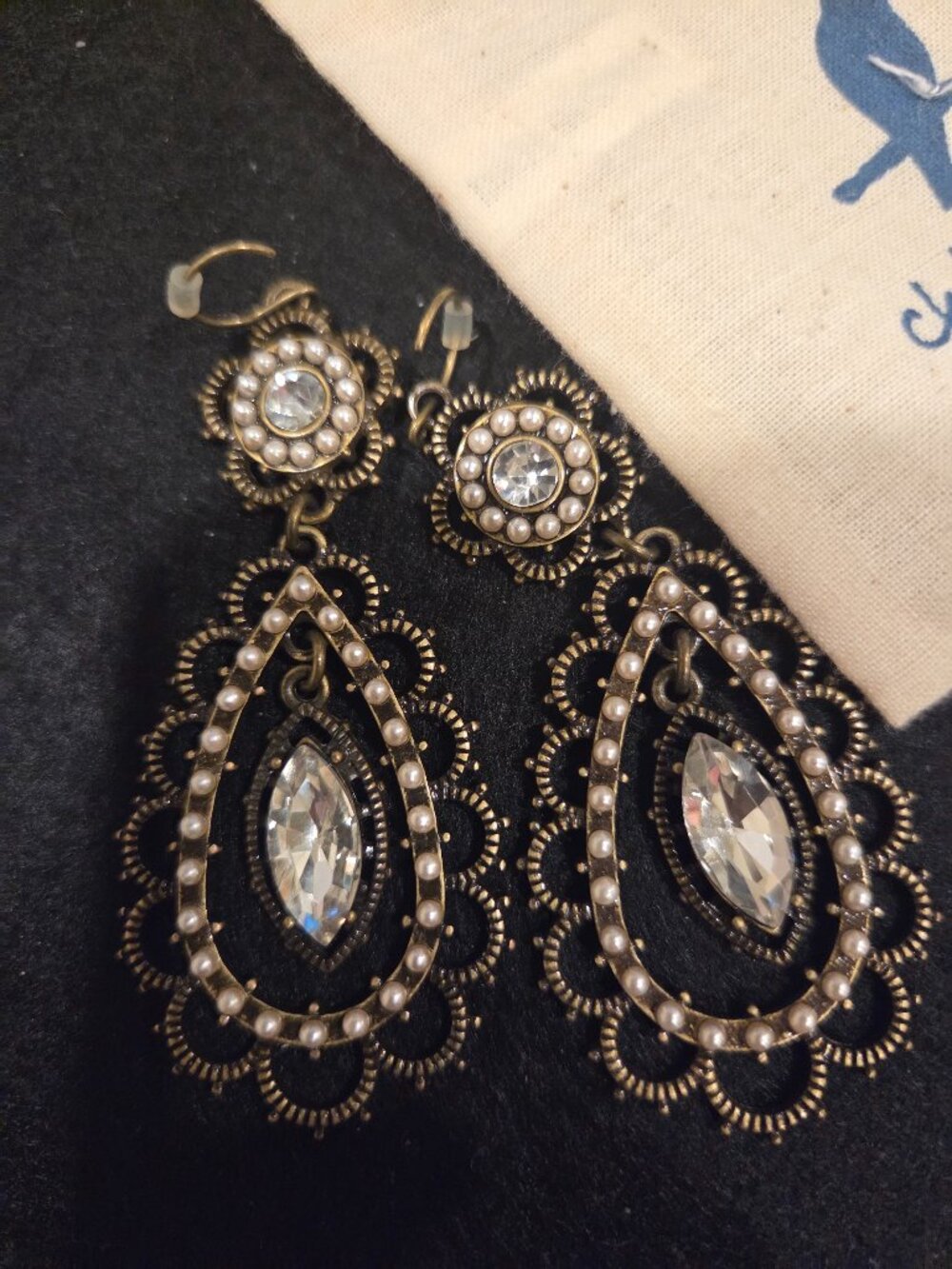 Chloe + Isabel Filigree Crystal Faux Pearl Antique Gold tone Dangle Earrings